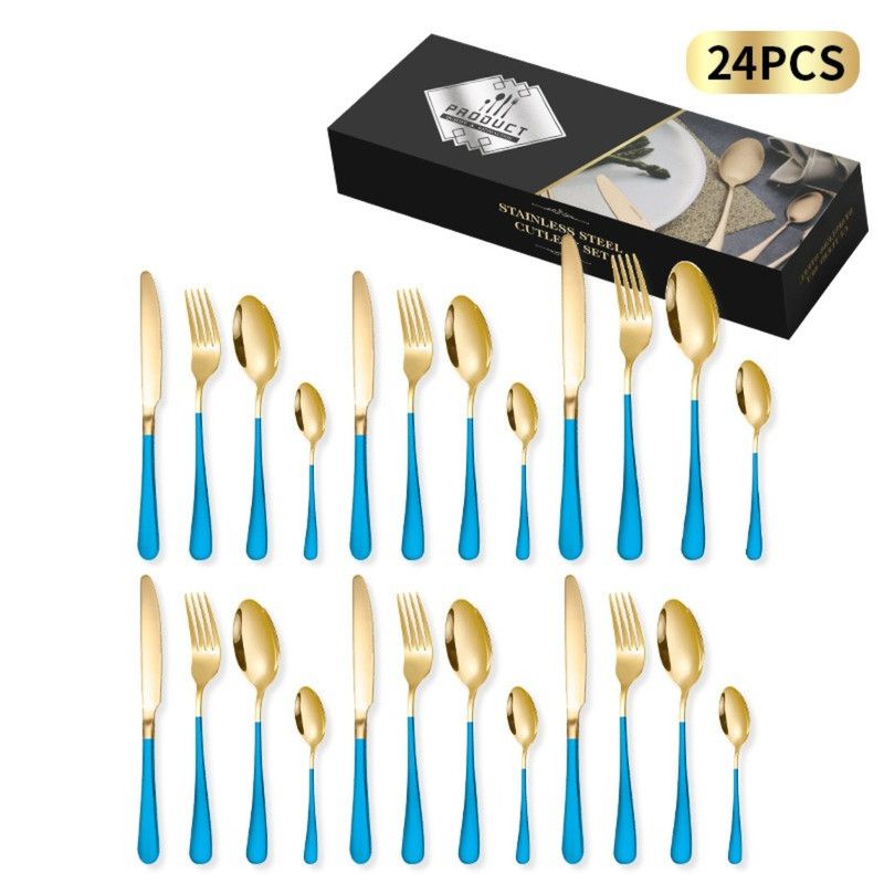 V1265-AU-564-BLUE-00 24-Piece Stainless Steel Tableware Set, Mirror-Polished Steak Knife, Fork, and Spoon Cutlery—Blue - Image 1