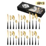 24-Piece Stainless Steel Tableware Set, Mirror-Polished Steak Knife, Fork, and Spoon Cutlery—Black and Gold