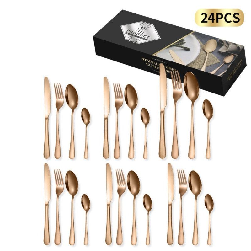 V1265-AU-564-MG-GOLD-00 24-Piece Stainless Steel Tableware Set, Mirror-Polished Steak Knife, Fork, and Spoon Cutlery—Rose Gold - Image 1