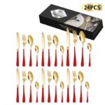 24-Piece Stainless Steel Tableware Set, Mirror-Polished Steak Knife, Fork, and Spoon Cutlery—Red