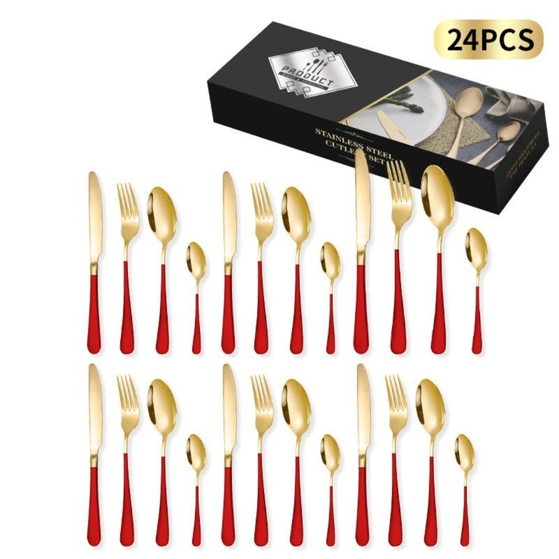 V1265-AU-564-RED-00 24-Piece Stainless Steel Tableware Set, Mirror-Polished Steak Knife, Fork, and Spoon Cutlery—Red - Image 1