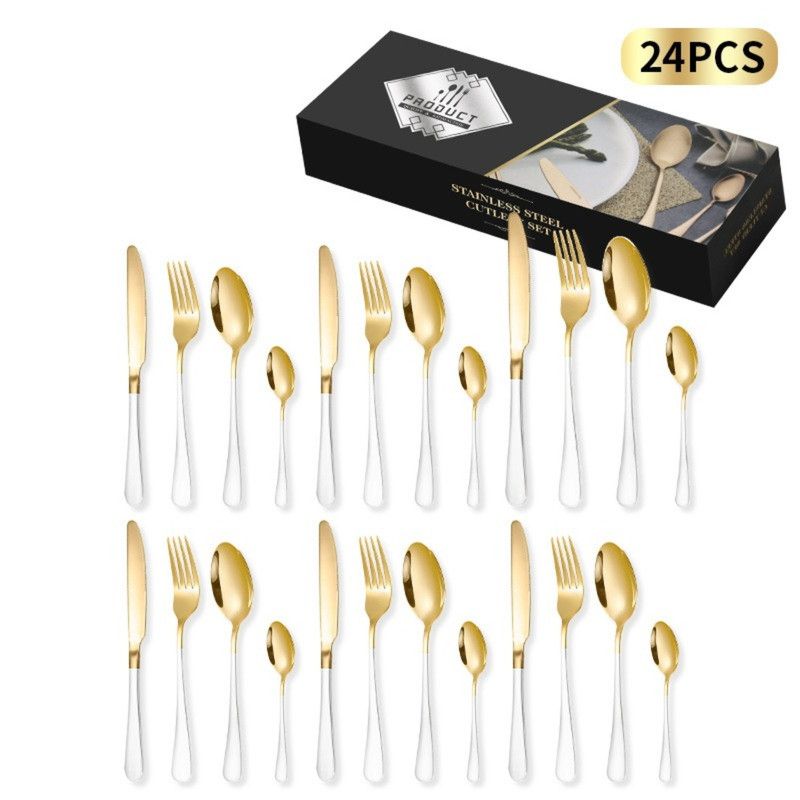 V1265-AU-564-WHITE-00 24-Piece Stainless Steel Tableware Set, Mirror-Polished Steak Knife, Fork, and Spoon Cutlery—White - Image 1