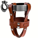 Adjustable Double-Layer PU Leather Bike Cup Holder, Universal Water Bottle Rack for Bicycles, E-bikes—Brown