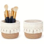 Khaki Boho Cotton Rope Tassel Storage Baskets – Set of 2 Round Woven Organizers for Makeup Brushes & Desktop Essentials (12cm Diameter)