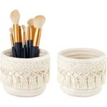 Beige Boho Cotton Rope Tassel Storage Baskets – Set of 2 Round Woven Organizers for Makeup Brushes & Desktop Essentials (12cm Diameter)