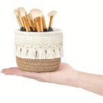 Beige Boho Cotton Rope Tassel Storage Baskets – Set of 2 Round Woven Organizers for Makeup Brushes & Desktop Essentials (12cm Diameter) - Image 5