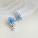 Blue Enamel Pearl Drop Earrings - Asymmetric Silver Needle Earrings with Gradient Glaze Design - Image 2