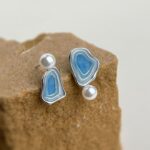 Blue Enamel Pearl Drop Earrings - Asymmetric Silver Needle Earrings with Gradient Glaze Design - Image 4