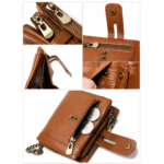 Light Brown RFID Blocking Leather Wallet for Men - Vertical Oil Wax Cowhide Bifold Wallet with Double Zipper, Card Slots & Coin Pocket - Image 2