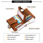 Light Brown RFID Blocking Leather Wallet for Men - Vertical Oil Wax Cowhide Bifold Wallet with Double Zipper, Card Slots & Coin Pocket - Image 3