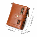Light Brown RFID Blocking Leather Wallet for Men - Vertical Oil Wax Cowhide Bifold Wallet with Double Zipper, Card Slots & Coin Pocket - Image 4