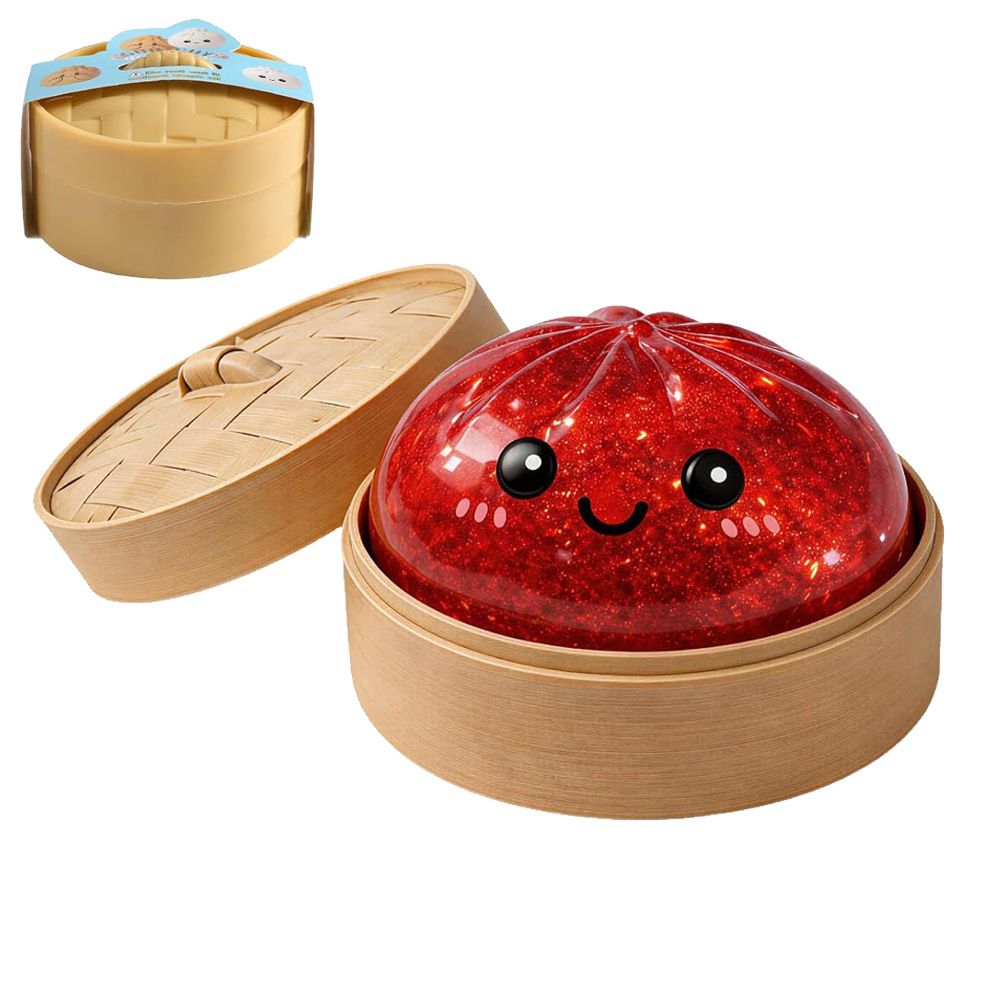 V888-ELOSUNG55109-3-00 Realistic Steamed Bun Squishy Stress Relief Toy with Steamer Basket - Red Glitter TPR Slow Rebound Squeeze Fidget for Adults - Image 1