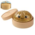 Realistic Steamed Bun Squishy Stress Relief Toy with Steamer Basket - Gold Glitter TPR Slow Rebound Squeeze Fidget for Adults