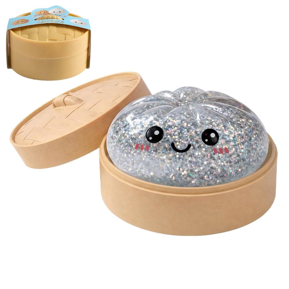 V888-ELOSUNG55109-8-00 Realistic Steamed Bun Squishy Stress Relief Toy with Steamer Basket - Silver Glitter TPR Slow Rebound Squeeze Fidget for Adults - Image 1
