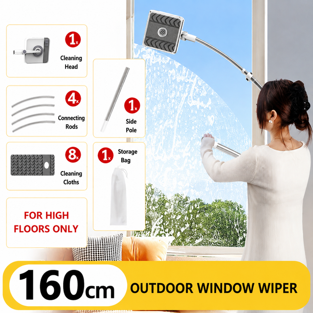 V888-ELOSUNG55116-12-00 Lightweight Interior & Exterior Window Cleaner with 160CM Extendable Aluminium Pole & 8 Cleaning Pad - 2-in-1 360° Rotating Microfibre Scrubber and Squeegee for Most Household High Rise Windows - Image 1