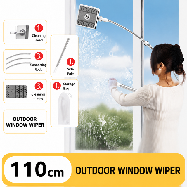 V888-ELOSUNG55116-2-00 Lightweight Interior & Exterior Window Cleaner with 110cm Extendable Aluminium Pole & 3 Cleaning Pad - 2-in-1 360° Rotating Microfibre Scrubber and Squeegee for Most Household High Rise Windows - Image 1