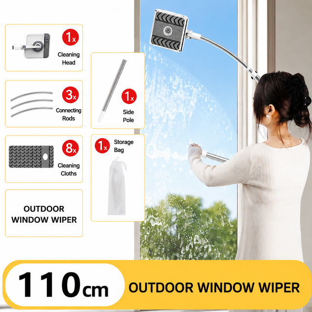 V888-ELOSUNG55116-4-00 Lightweight Interior & Exterior Window Cleaner with 110cm Extendable Aluminium Pole & 8 Cleaning Pad - 2-in-1 360° Rotating Microfibre Scrubber and Squeegee for Most Household High Rise Windows - Image 1
