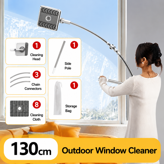V888-ELOSUNG55116-8-00 Lightweight Interior & Exterior Window Cleaner with 130CM Extendable Aluminium Pole & 8 Cleaning Pad - 2-in-1 360° Rotating Microfibre Scrubber and Squeegee for Most Household High Rise Windows - Image 1