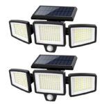210 LED Outdoor Wall Light Integrated Solar Panel and 3 Sensor Modes (2 Pack), 3 Head Adjustable LED Security Light, IP65 All Weather Waterproof Remote Control Garden Lamp