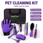 Pet Grooming & Cleaning Kit 9 Piece Set with Shedding Brush, Steel Comb + Scissors, Nail Clippers + File, Bath Brush + Massage Glove, 3 Head Toothbrush and Storage Bag for Dog & Cat