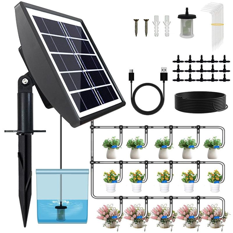 V888-ELOSUNG55142-1-00 Solar Powered Automatic Irrigation System with Digital Control Panel & Timer - Weatherproof Durable Drip and Sprinkler Watering Tool Kit for Indoor and Outdoor Use - Image 1