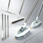 4-in-1 Bathroom Cleaning Brush Set with Sponge Pad, Hard Bristle / V-Shape Grout Brush and Squeegee - 120CM Extendable Stainless Steel Handle, Adjustable & Lockable Angle for Floor, Gap, Window and Bathtub