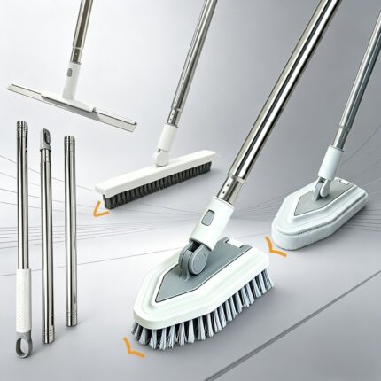 4-in-1 Bathroom Cleaning Brush Set with Sponge Pad, Hard Bristle / V-Shape Grout Brush and Squeegee - 120CM Extendable Stainless Steel Handle, Adjustable & Lockable Angle for Floor, Gap, Window and Bathtub