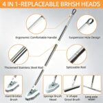 4-in-1 Bathroom Cleaning Brush Set with Sponge Pad, Hard Bristle / V-Shape Grout Brush and Squeegee - 120CM Extendable Stainless Steel Handle, Adjustable & Lockable Angle for Floor, Gap, Window and Bathtub - Image 2
