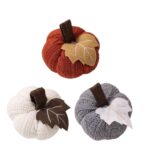 3-pack Brown and Grey and White Knitted Pumpkin Decoration - Polyester Fabric Fall Harvest Ornament With Hanging Loop For Thanksgiving Table Centre And Farmhouse Home Decor