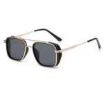 Men's Gold Metal Frame Black Grey Lens Sunglasses - Square Retro Style UV400 Protection Fashion Eyewear for Driving Travel and Daily Wear