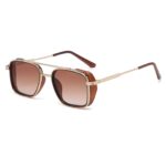 Men's Brown Metal Frame Brown Lens Sunglasses - Square Retro Style UV400 Protection Fashion Eyewear for Driving Travel and Daily Wear