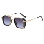 Men's Gold Metal Frame Grey To Blue Lens Sunglasses - Square Retro Style UV400 Protection Fashion Eyewear for Driving Travel and Daily Wear