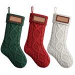 Jingle Jollys 3PCS Personalized Christmas Stockings with Leather Patches 16 Inch Knitted Solid Colour Xmas Decor For Fireplace Mantel, Christmas Tree, Home Decoration & Holiday Party Displays