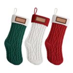 Jingle Jollys 3PCS Personalized Christmas Stockings with Leather Patches, 16 Inch Knitted Contrast Colour Xmas Hanging Decor For Fireplace Mantel, Christmas Tree, Home Decoration & Holiday Party Displays