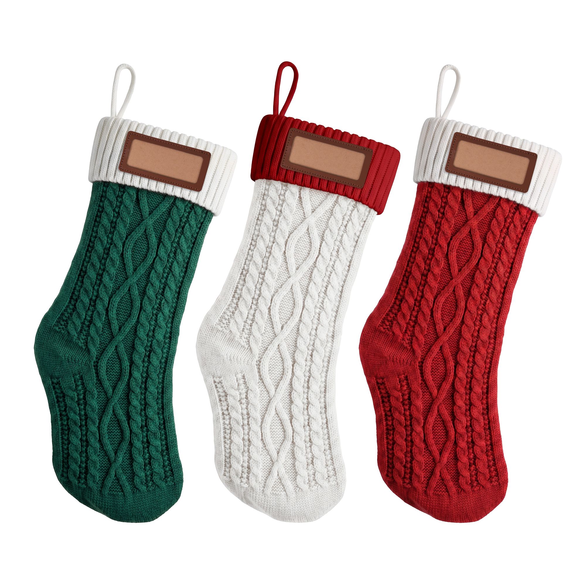 XM-F-STOCKING-KNIT02-3PC-00 Jingle Jollys 3PCS Personalized Christmas Stockings with Leather Patches, 16 Inch Knitted Contrast Colour Xmas Hanging Decor For Fireplace Mantel, Christmas Tree, Home Decoration & Holiday Party Displays - Image 1
