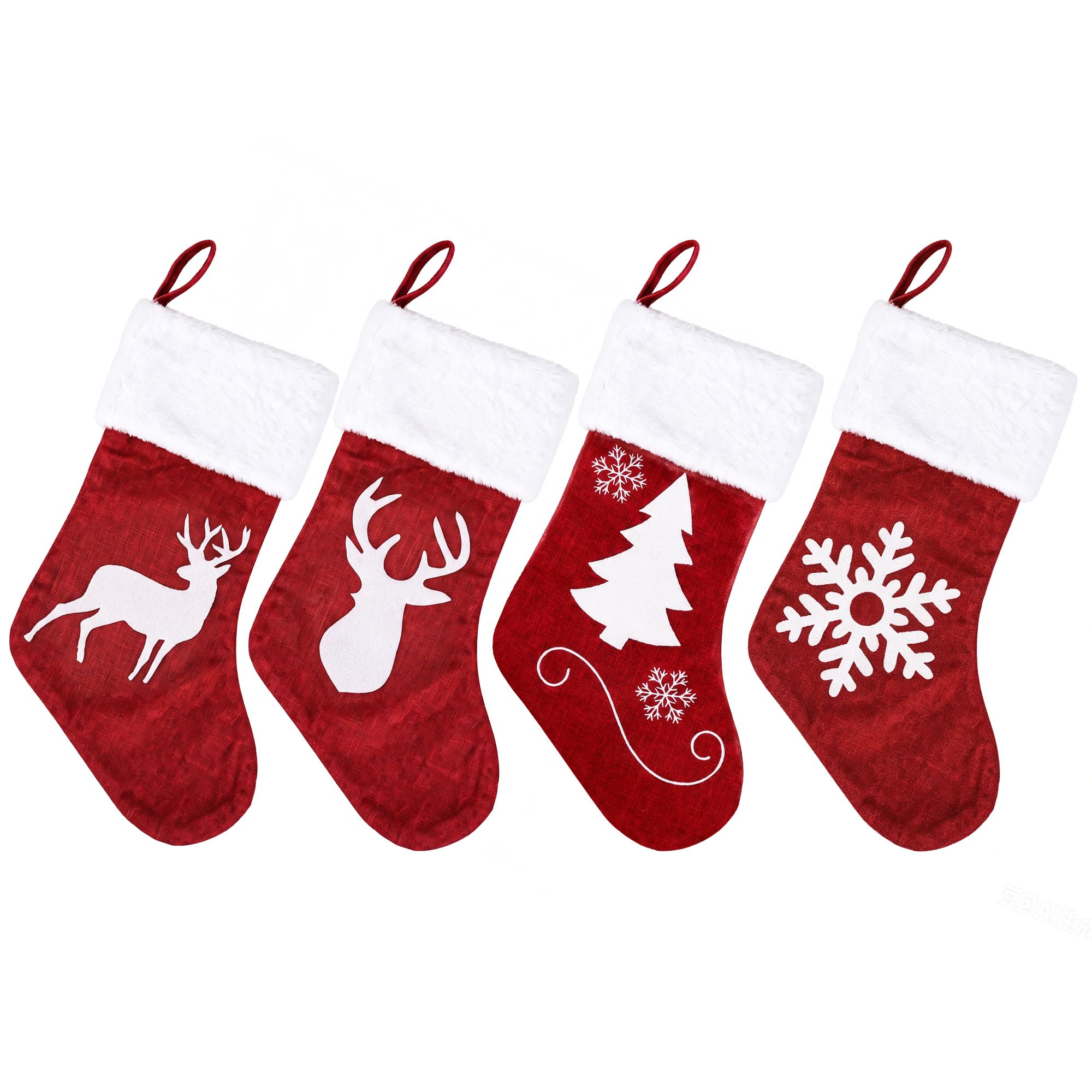 XM-F-STOCKING-VELVET01-4PC-00 Jingle Jollys 4 Pack Large Velvet Christmas Stockings 46.5cm Red White Decor Perfect For Gift Ideal, Fireplace Mantels Christmas Trees Holiday Party Decorations - Image 1