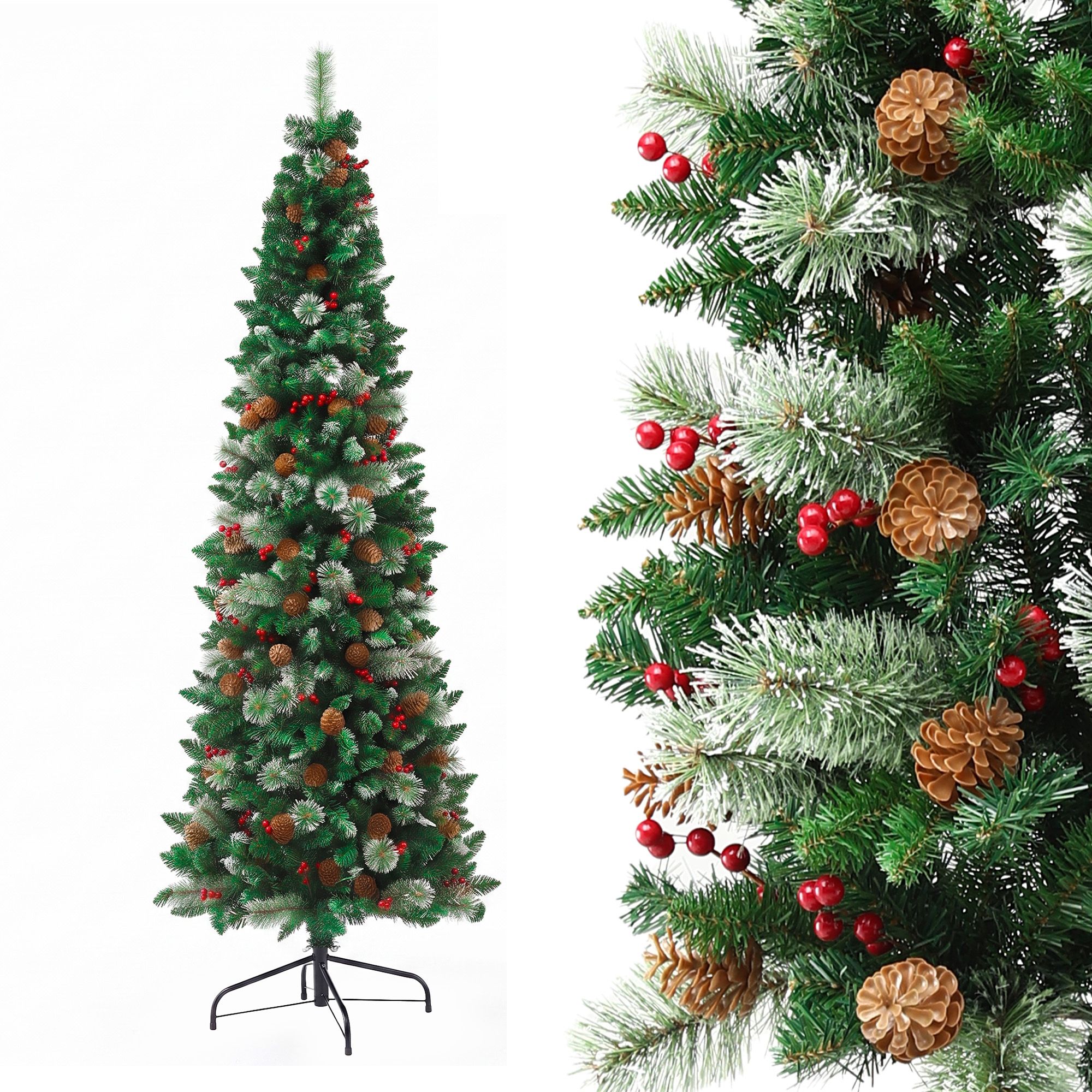 XM-TR-SLIM-7FT-CORNER-00 Jingle Jollys 2.1m Artificial Slim Christmas Tree Pine Cone Berry Decor Corner - Image 1