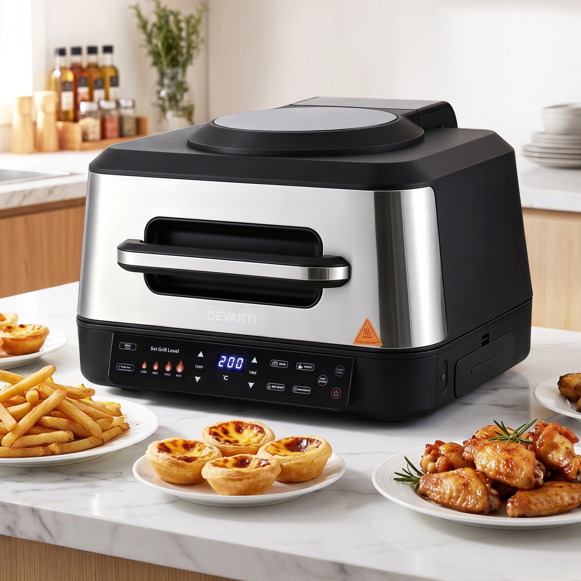 BBQ-AF-8L-4IN1-BK-00 Devanti 5-in-1 Electric BBQ Grill Air Fryer, 2200W 8L Smart Thermometer - Image 1