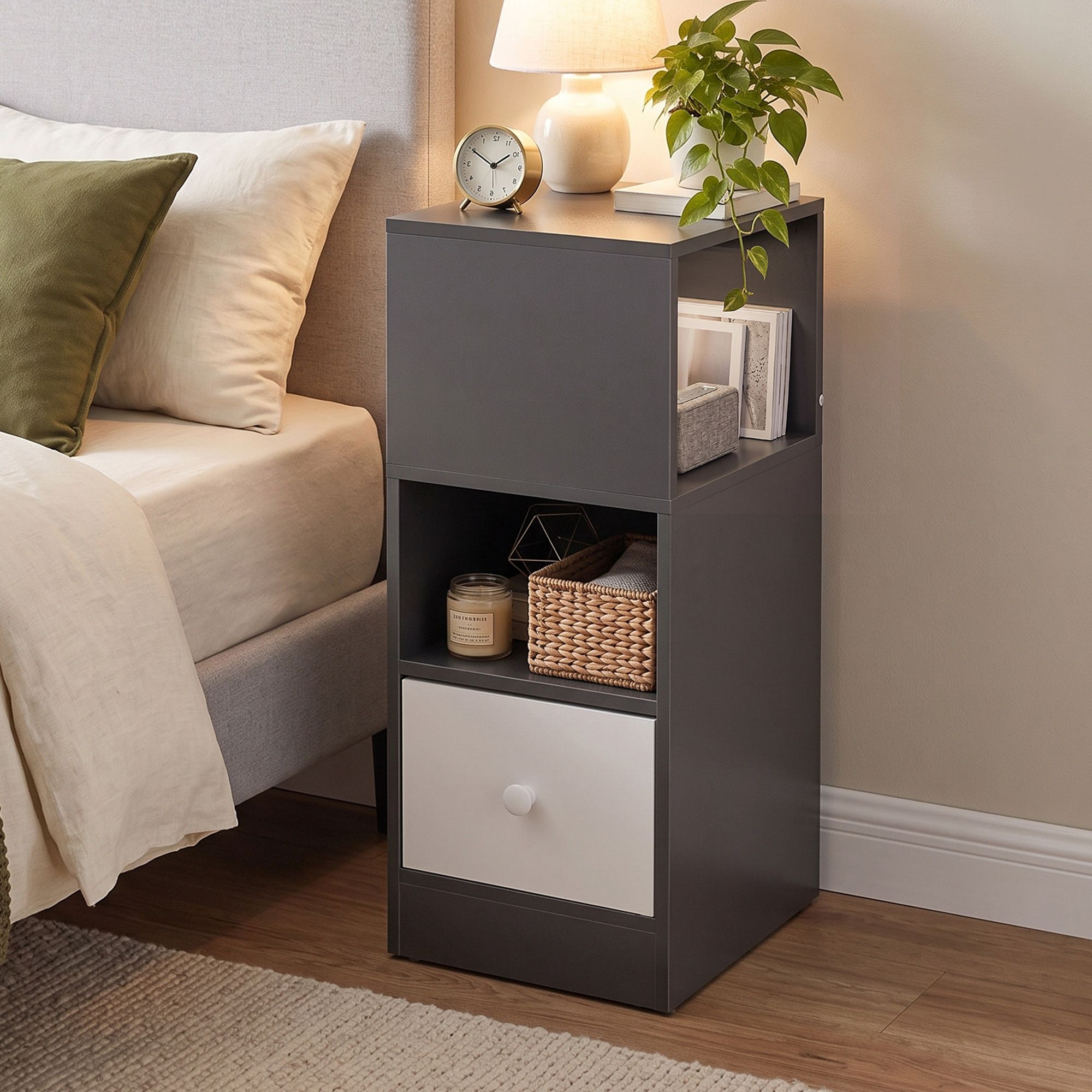 FURNI-N-BS03-GY-00 Artiss Narrow Bedside Table Grey Small Side Cabinet 1 Drawer - Image 1