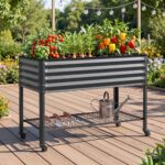 Green Fingers Mobile Raised Garden Bed With Wheels Storage Shelf 81cm Height for Vegetables Herb Charcoal - Image 9