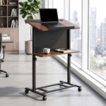 Artiss Mobile Lectern Podium Stand with Storage Shelf Height Adjustable Laptop Desk Black & Walnut