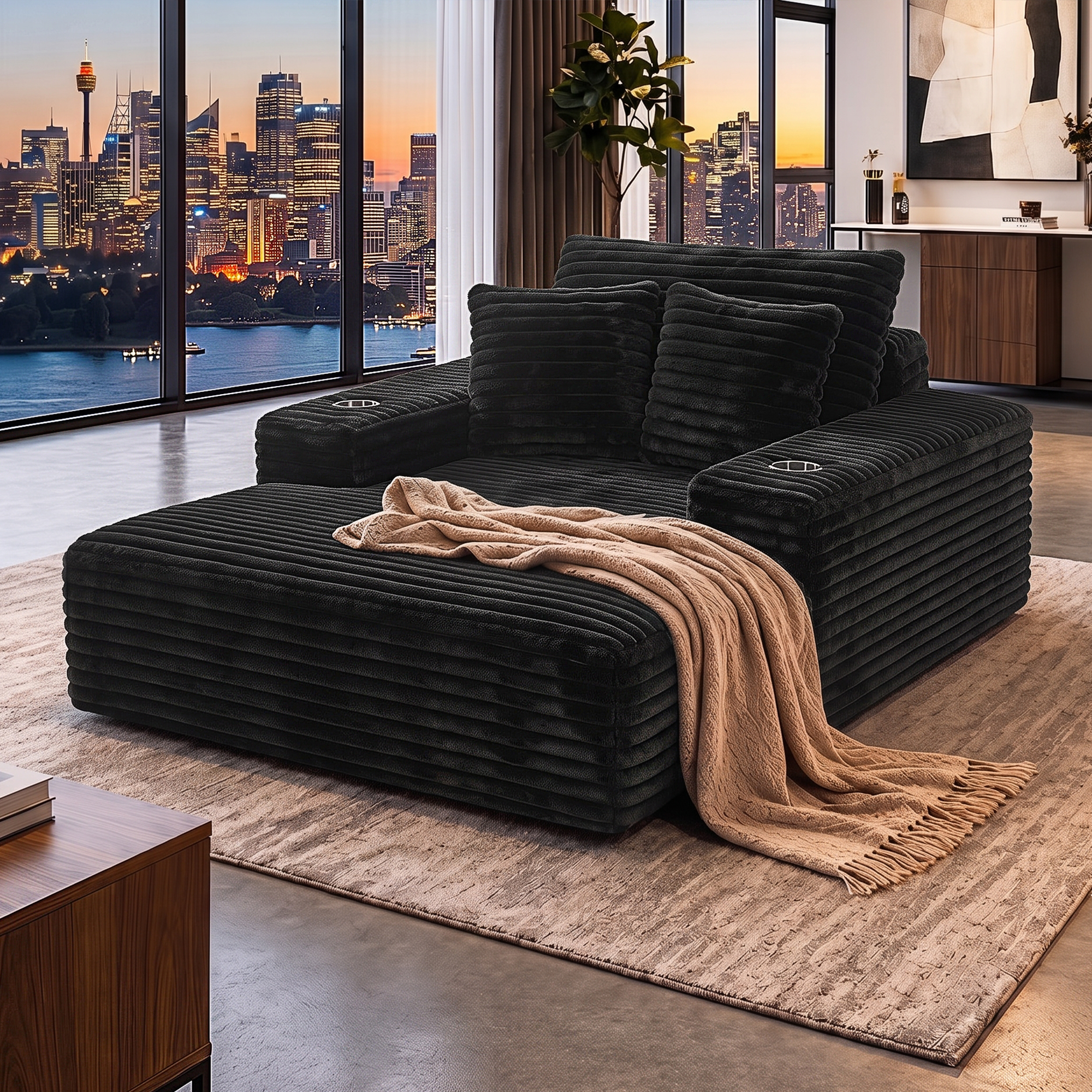 SB-COMP-CHA-CH-BK-00 Artiss Sofa Bed Lounge Chair Sleeper Couch Chaise Single Seater Faux Fur Black - Image 1