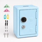 Lockable Metal Money Box, Cash & Coin Storage Box with Key Lock, Compact Piggy Bank for For Kids & Adults, Office & Small Valuables-Light Blue