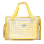 Plaid Portable Pet Carrier, Foldable Soft-Sided, 44×28×28cm, Oxford & Polyester, Mesh & Roll-Up Curtain, Luggage Strap, for 5–7kg Cats & Dogs.(yellow)