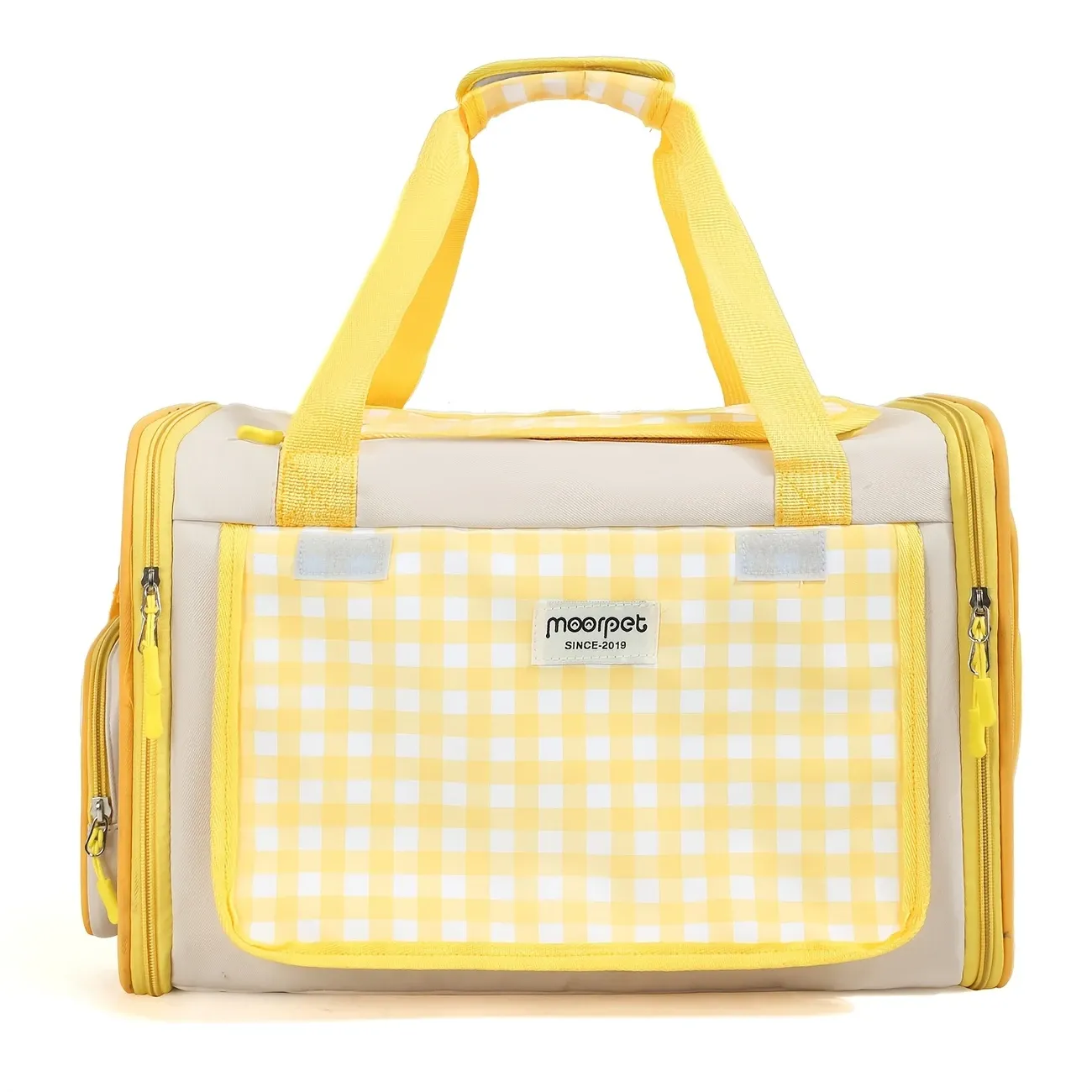 V1232-BXSTB-CW-001-00 Plaid Portable Pet Carrier, Foldable Soft-Sided, 44×28×28cm, Oxford & Polyester, Mesh & Roll-Up Curtain, Luggage Strap, for 5–7kg Cats & Dogs.(yellow) - Image 1