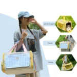 Plaid Portable Pet Carrier, Foldable Soft-Sided, 44×28×28cm, Oxford & Polyester, Mesh & Roll-Up Curtain, Luggage Strap, for 5–7kg Cats & Dogs.(yellow) - Image 2