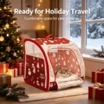 Christmas Portable Car Pet Carrier, Foldable Soft-Sided Cat & Dog Crate, 50×50×50cm, Mesh Windows, Dual Zippers, Built-in Bed, 25LBS Capacity, Travel & Home