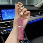 Rhinestone Mini Refillable Spray Bottle Keychain Charm with Faux Pearl Chain for Perfume and Hand Sanitizer, Portable Travel Accessory for Car Keys and Bags (Pink)