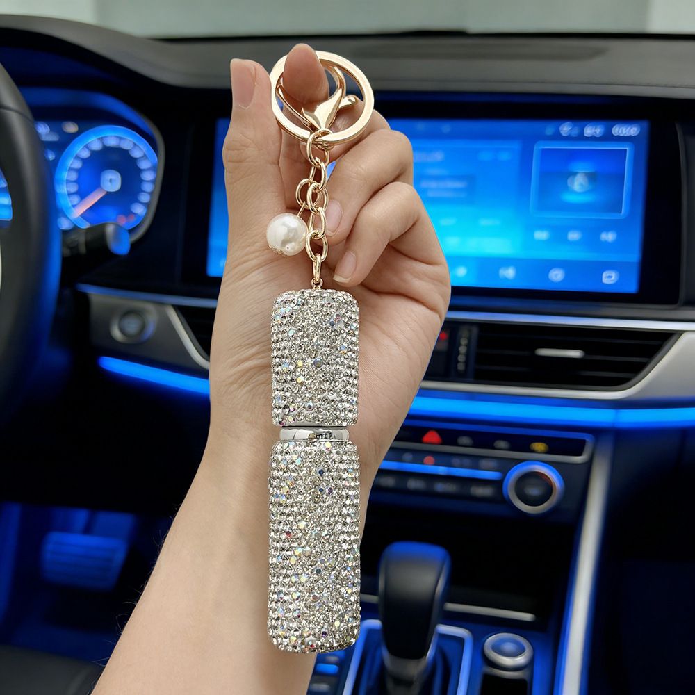 V1341-ZY-8Y46DAPQ-SILVER-00 Rhinestone Mini Refillable Spray Bottle Keychain Charm with Faux Pearl Chain for Perfume and Hand Sanitizer, Portable Travel Accessory for Car Keys and Bags (Silver) - Image 1