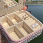 Rhinestone Portable Jewelry Organizer Box with Built-in Mirror Zipper Closure Travel Case for Rings Earrings Bracelets Small Accessories (Pink) - Image 3
